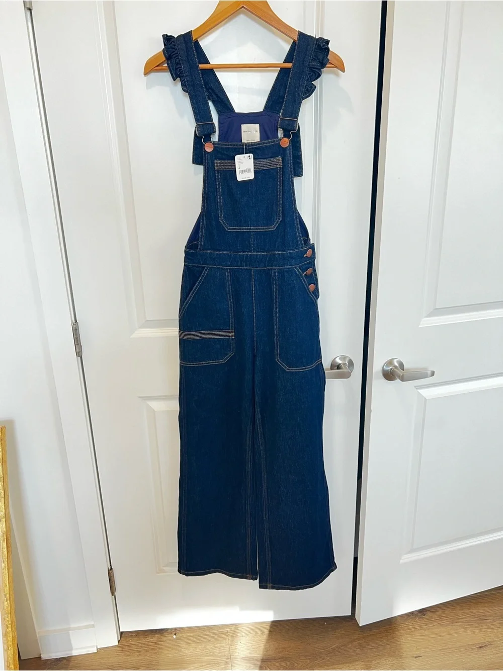 Seventy + Mochi Elodie Frill Dark Indigo Denim Ruffle-Strap Overalls
